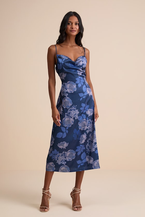 Image of Favorite Icon Dark Blue Floral Satin Cowl Neck Slip Midi Dress