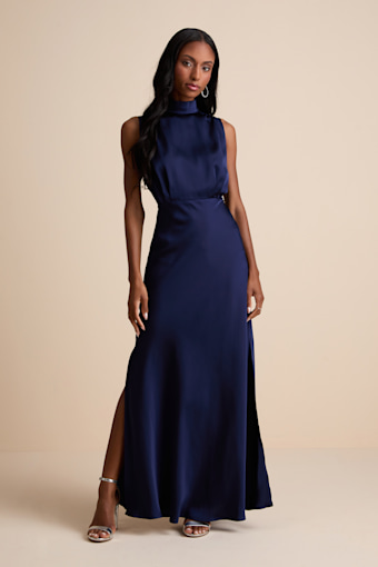 Classic Elegance Navy Satin Sleeveless Mock Neck Maxi Dress 1