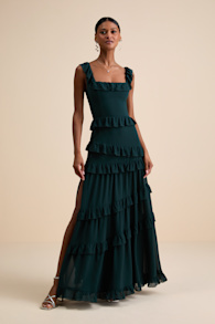 Compelling Romantic Dark Green Ruffled Tiered Maxi Dress 1