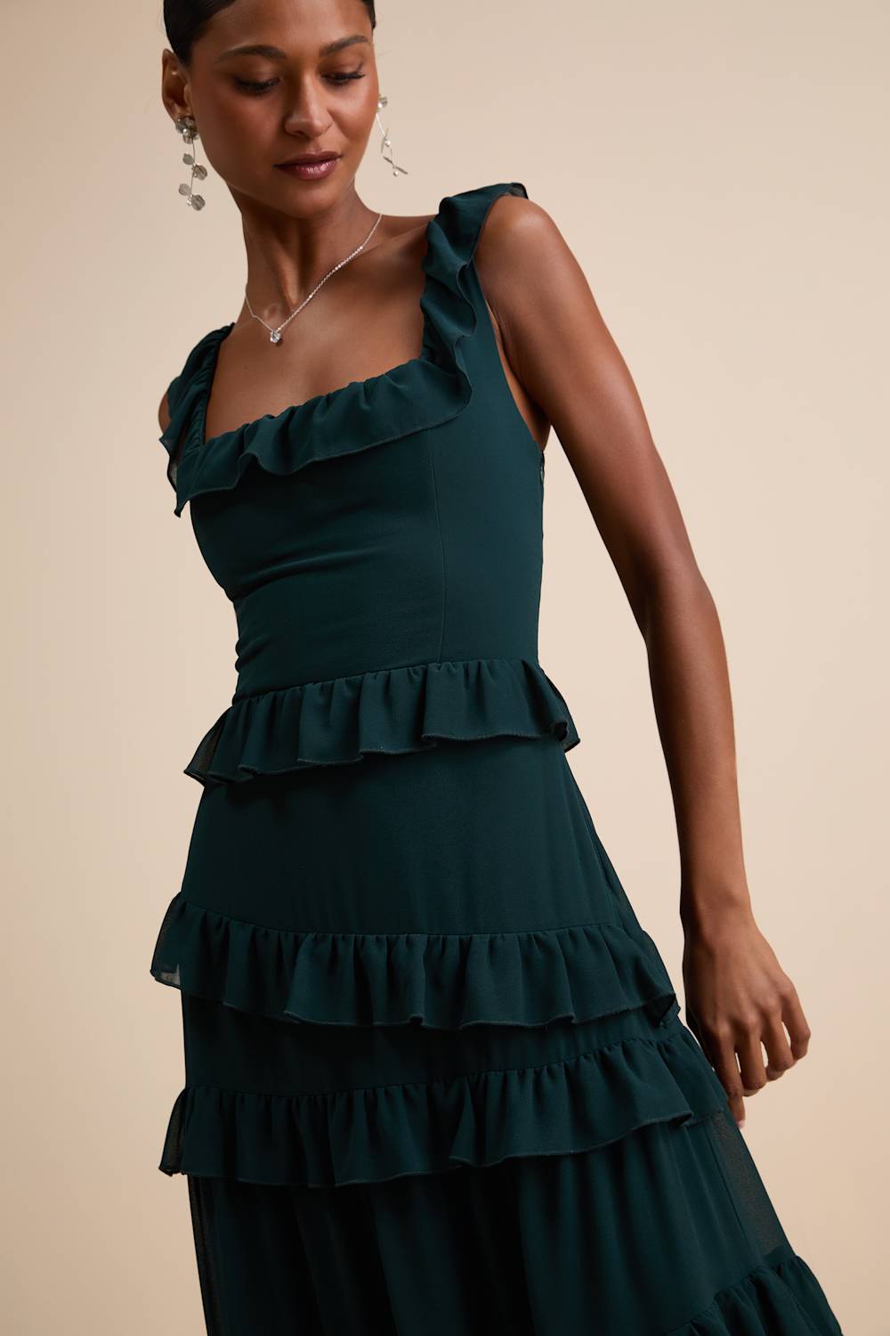 Compelling Romantic Dark Green Ruffled Tiered Maxi Dress