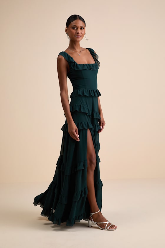 Dark Green Dress - Ruffled Tiered Dress - Tiered Maxi Dress - Image 4