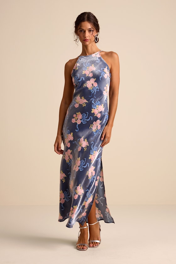 Mannon Slate Blue Floral and Bow Print Backless Maxi Dress 1