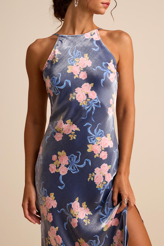 Mannon Slate Blue Floral and Bow Print Backless Maxi Dress 2