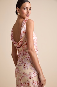 Tarice Beige Floral Jacquard Cowl Back Midi Dress 1