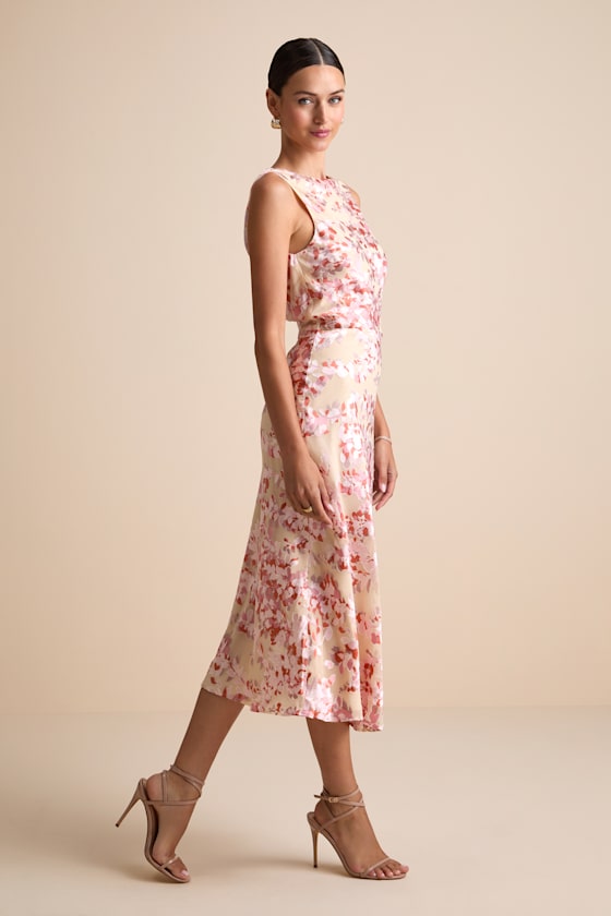 Tarice Beige Floral Jacquard Cowl Back Midi Dress - thumbnail 2