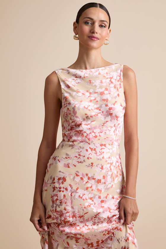 Tarice Beige Floral Jacquard Cowl Back Midi Dress - thumbnail 3