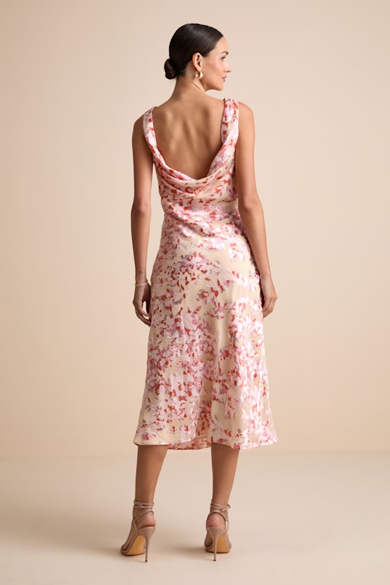 Tarice Beige Floral Jacquard Cowl Back Midi Dress - thumbnail 4