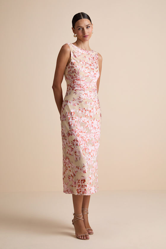 Tarice Beige Floral Jacquard Cowl Back Midi Dress - thumbnail 5