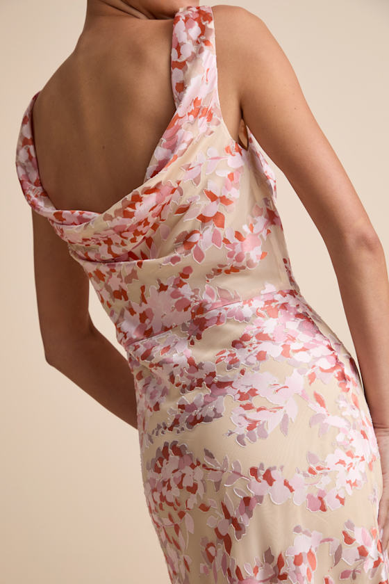 Tarice Beige Floral Jacquard Cowl Back Midi Dress - thumbnail 6