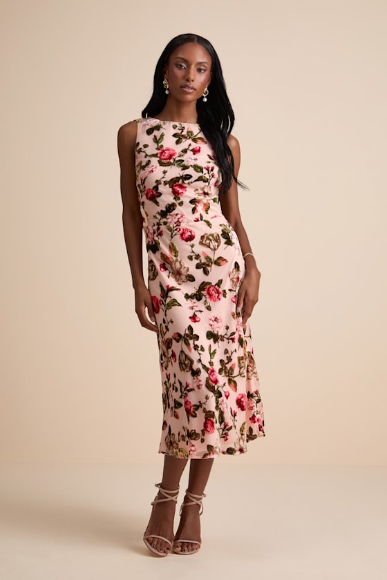 Blush Velvet Floral Burnout Dress - Cowl Back Dress - Midi Dress