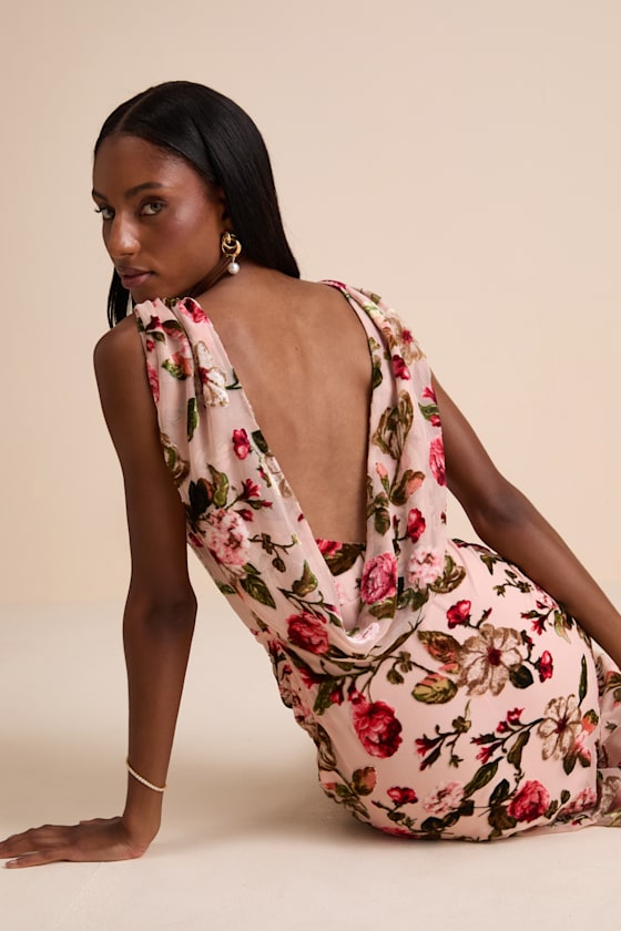 Florina Blush Floral Velvet Floral Burnout Cowl Back Midi Dress 2
