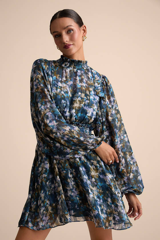 Image of Andie Blue Multi Abstract Floral Mock Neck Mini Dress