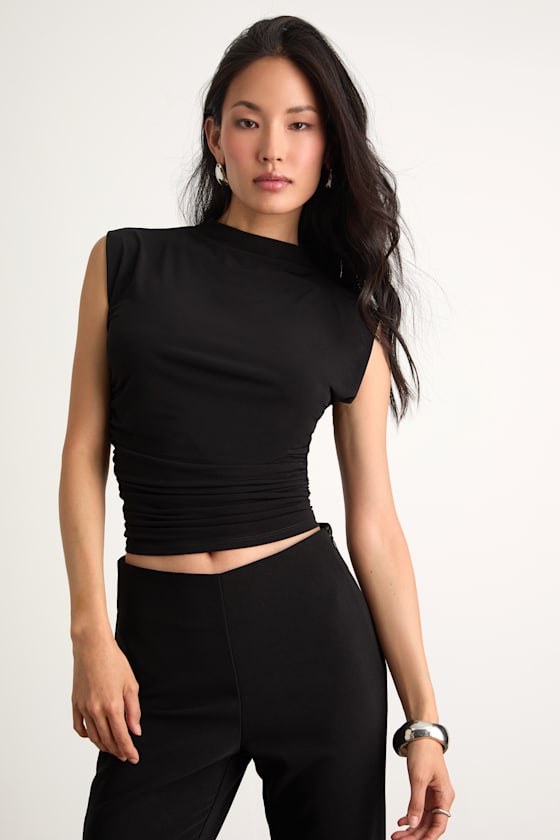 Avaina Black Slinky Knit Ruched Mock Neck Sleeveless Top 1