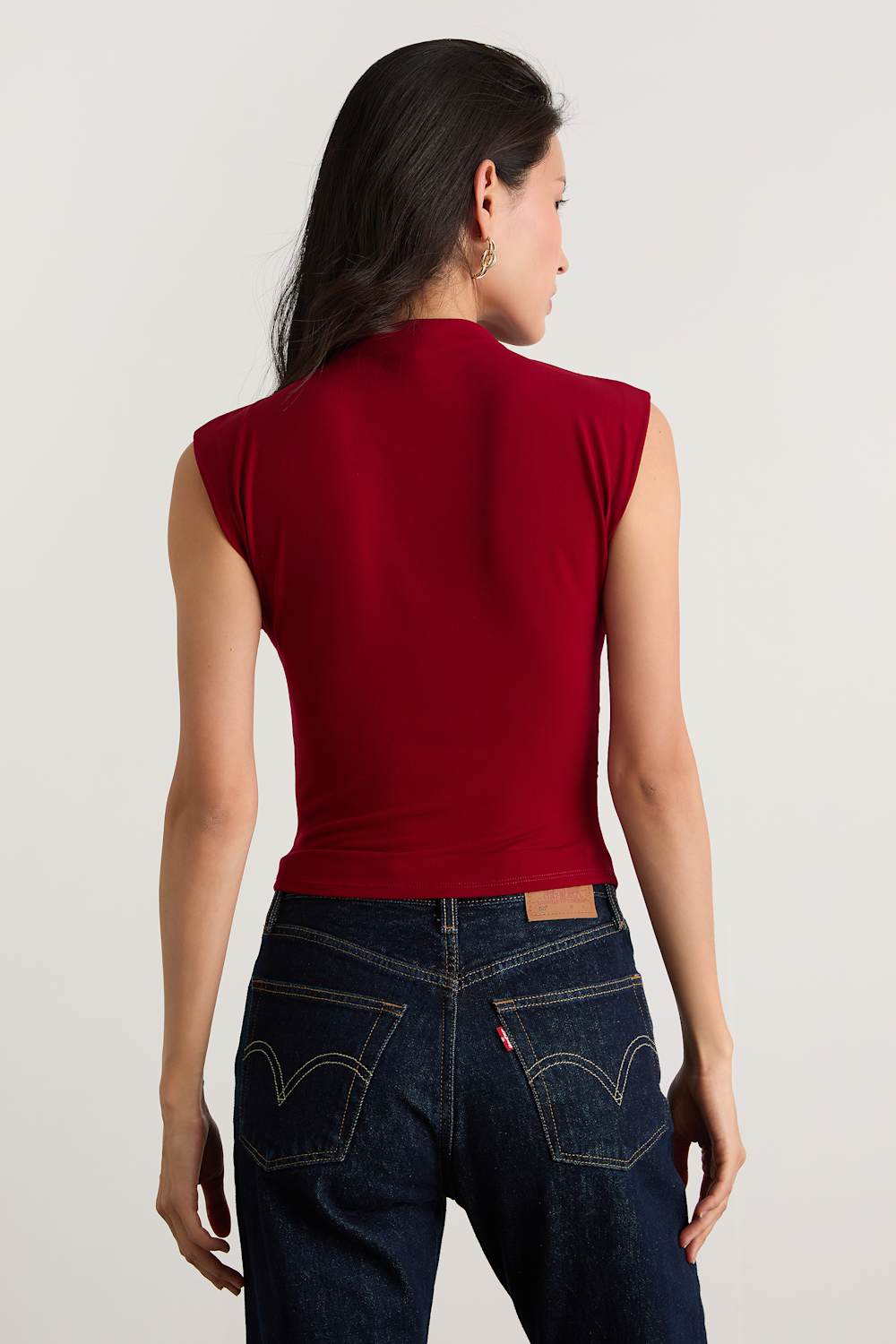 Avaina Wine Red Slinky Knit Ruched Mock Neck Sleeveless Top