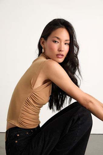 Avaina Tan Slinky Knit Ruched Mock Neck Sleeveless Top 1