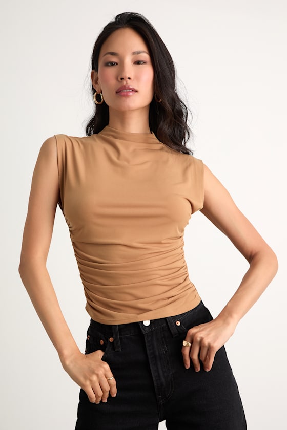 Avaina Tan Slinky Knit Ruched Mock Neck Sleeveless Top