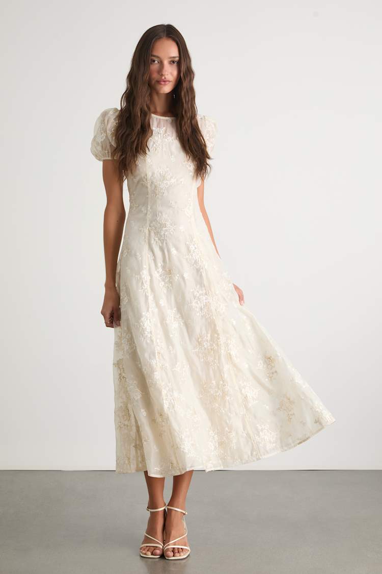 Elfrieda Cream Floral Embroidered Puff Sleeve Midi Dress