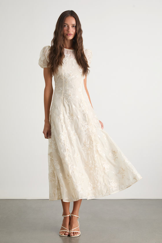 Elfrieda Cream Floral Embroidered Puff Sleeve Midi Dress 1