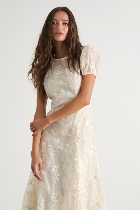 Cream Floral Embroidered Dress - Puff Sleeve Dress - Midi Dress