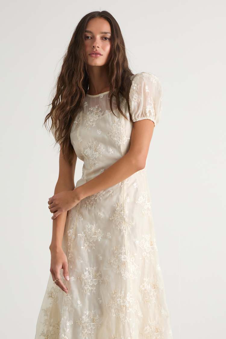 Elfrieda Cream Floral Embroidered Puff Sleeve Midi Dress