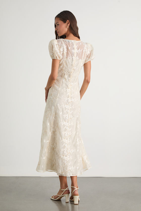 Cream Floral Embroidered Dress - Puff Sleeve Dress - Midi Dress