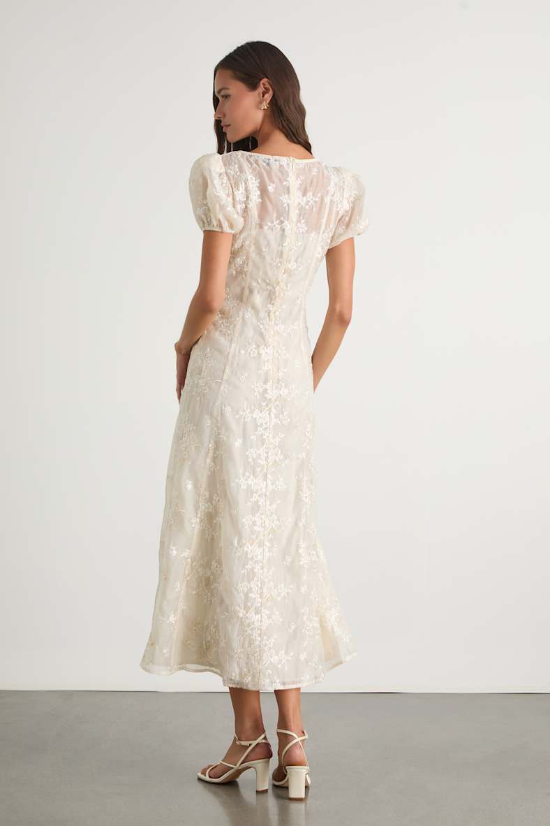 Elfrieda Cream Floral Embroidered Puff Sleeve Midi Dress