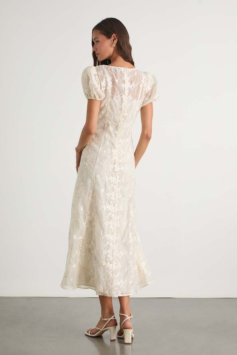 floral embroidered puff sleeve dress A-line Cream Colorful Floral Prom Dresses Embroidered Puff Sleeve Even –  SELINADRESS