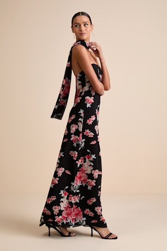 Rawya Black Floral Strapless Maxi Dress and Scarf Set 4