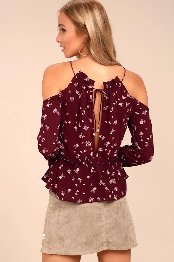 Tavik Last Call Burgundy Floral Print Cold Shoulder Top 1