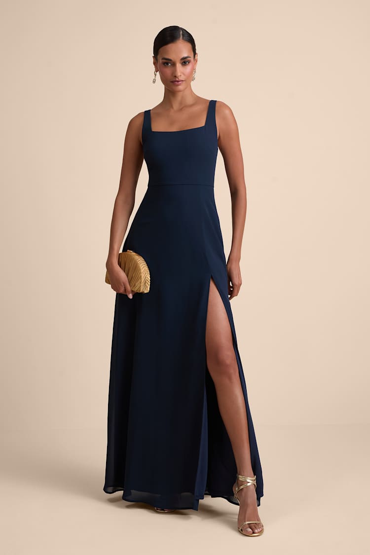 blue navy satin dress Elegant Navy Blue Satin Floor-Length Prom Dress 4