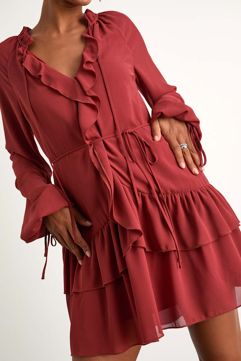 open lace back dress Elegant Red V-Neck Ruffle Cut-Out Open Back Maxi Dress with Long Sleev –  EDITE MODE main image 1
