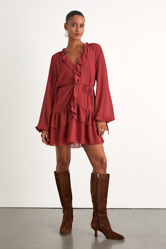 Allirah Rust Red Ruffled Long Sleeve Mini Dress 4