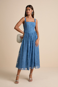 Colwyn Denim Blue Basque Waist Bustier Midi Skirt 1