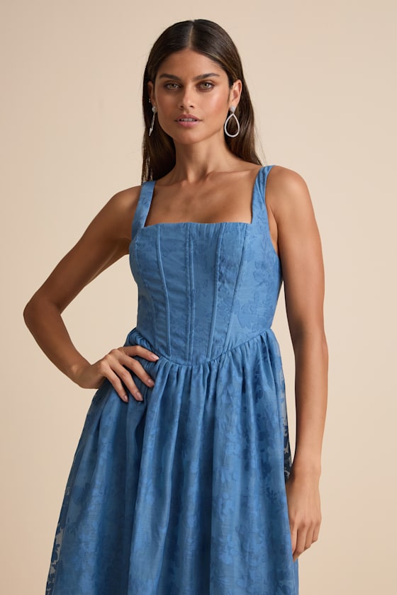 Colwyn Blue Floral Jacquard Bustier Midi Dress - thumbnail 2