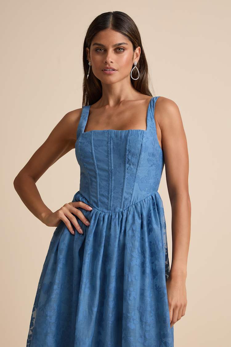 Colwyn Denim Blue Basque Waist Bustier Midi Skirt