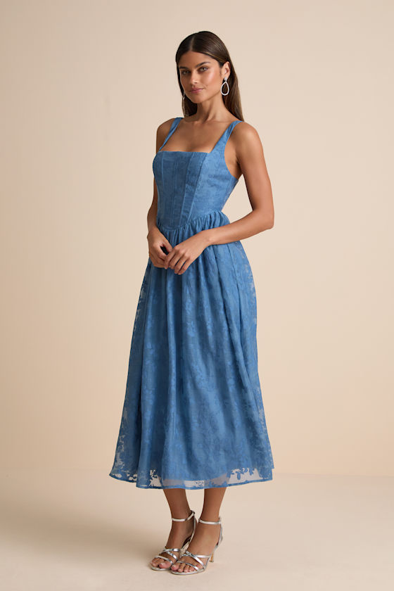 Colwyn Blue Floral Jacquard Bustier Midi Dress - thumbnail 4