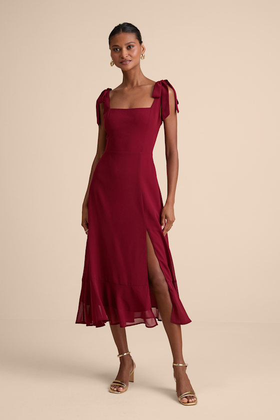 Image of Summer Invite Wine Red Tie-Strap Tiered Midi Dress