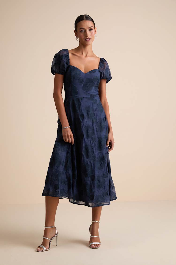 Sweetest Behavior Navy Embroidered Puff Sleeve Midi Dress