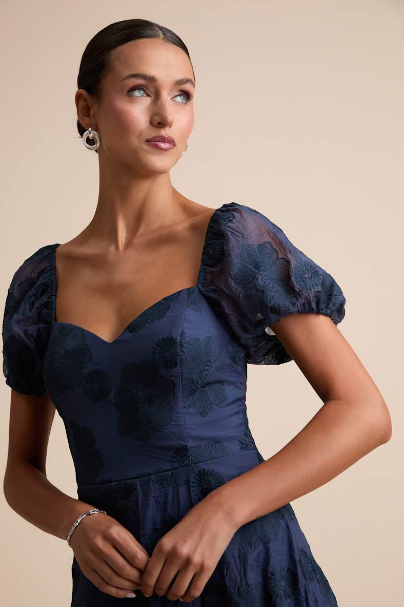 Sweetest Behavior Navy Embroidered Puff Sleeve Midi Dress