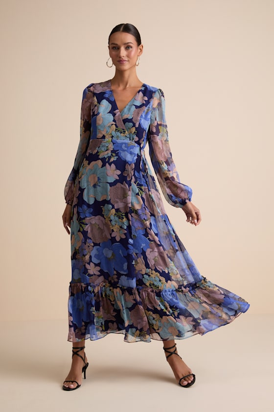 Feeling Sweet Navy Floral Print Long Sleeve Wrap Maxi Dress 2