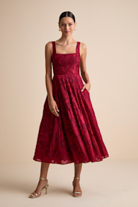 Loira Burgundy Burnout Jacquard Lace-Up Midi Dress 1