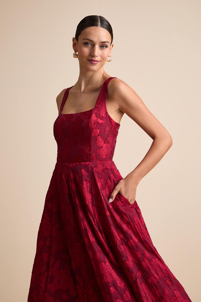 Loira Burgundy Burnout Jacquard Lace-Up Midi Dress