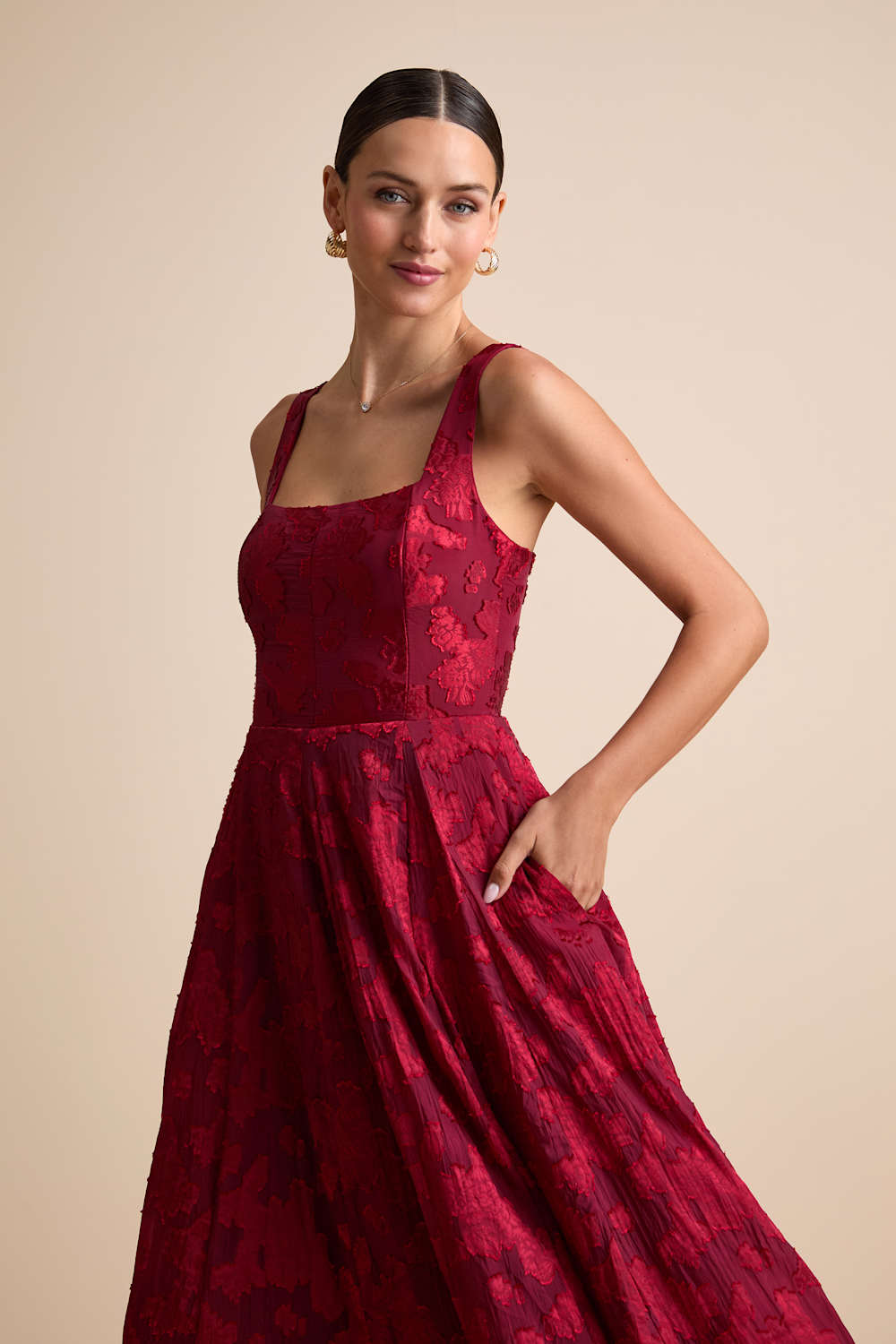 Loira Burgundy Burnout Jacquard Lace-Up Midi Dress