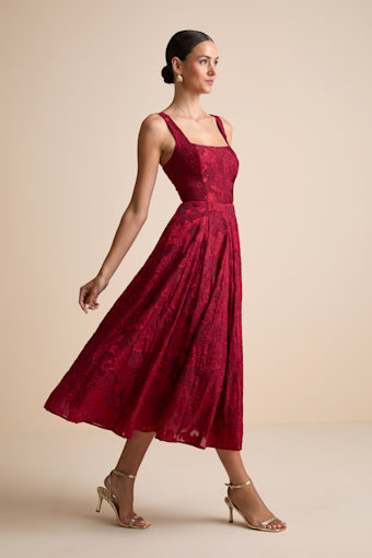 Loira Burgundy Burnout Jacquard Lace-Up Midi Dress 4