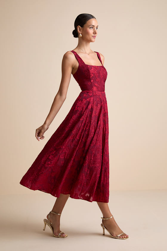 Loira Burgundy Burnout Jacquard Lace-Up Midi Dress 4