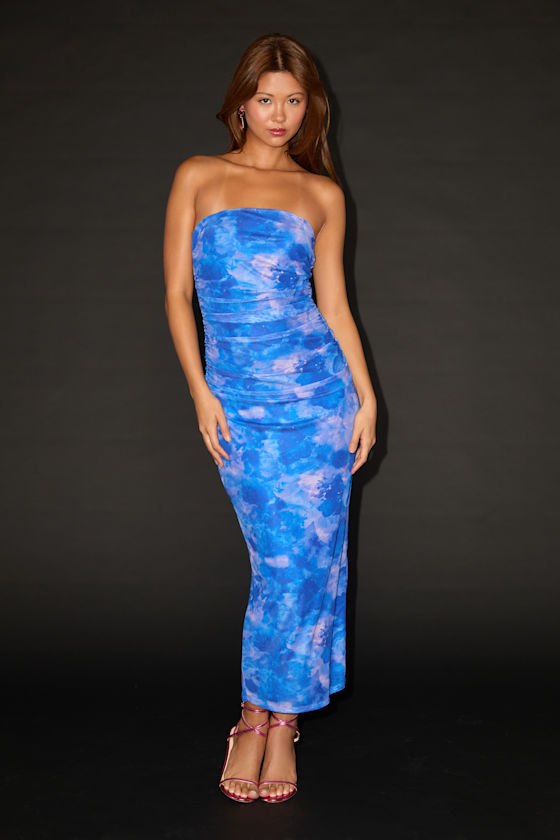 Late Night Crush Blue Multi Mesh Ruched Strapless Midi Dress 2