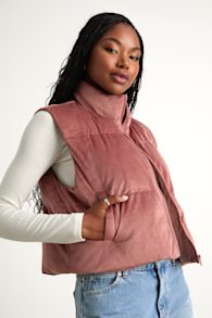 Cloud Nine Cutie Dusty Rose Corduroy Cropped Puffer Vest 1