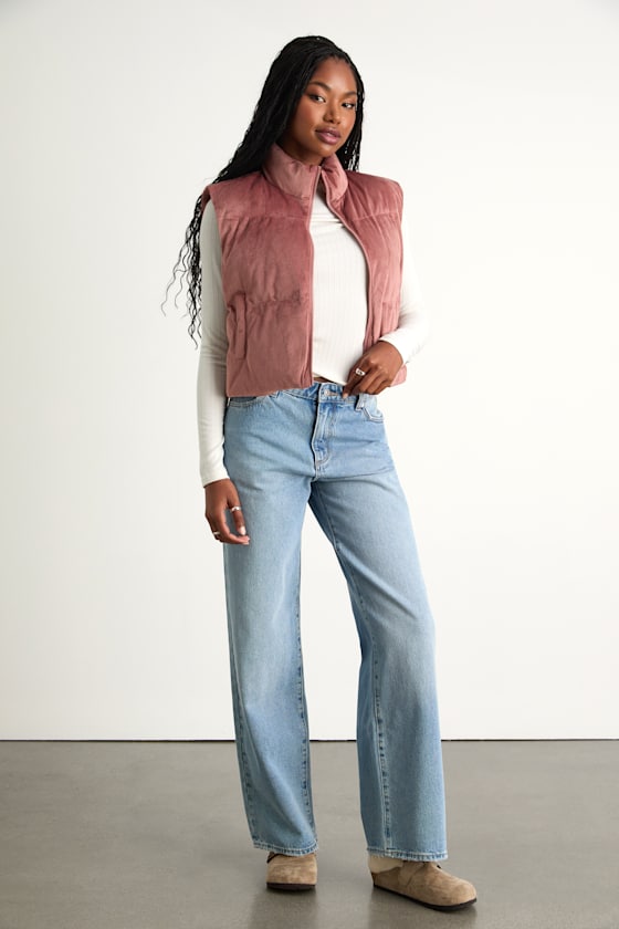 Dusty Rose Vest - Corduroy Puffer Vest - Cropped Puffer Vest - Lulus