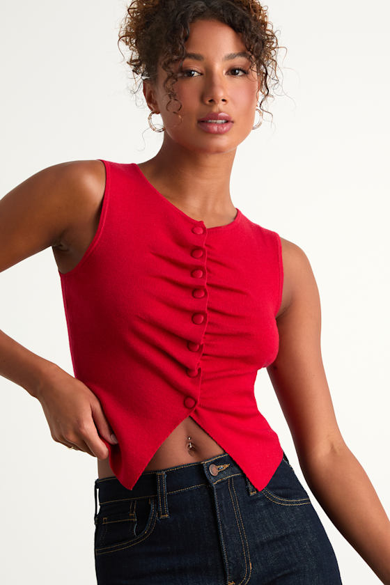 Orlane Red Button-Front Sweater Tank Top 1