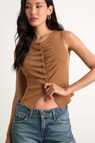 Orlane Light Brown Button-Front Sweater Tank Top 1